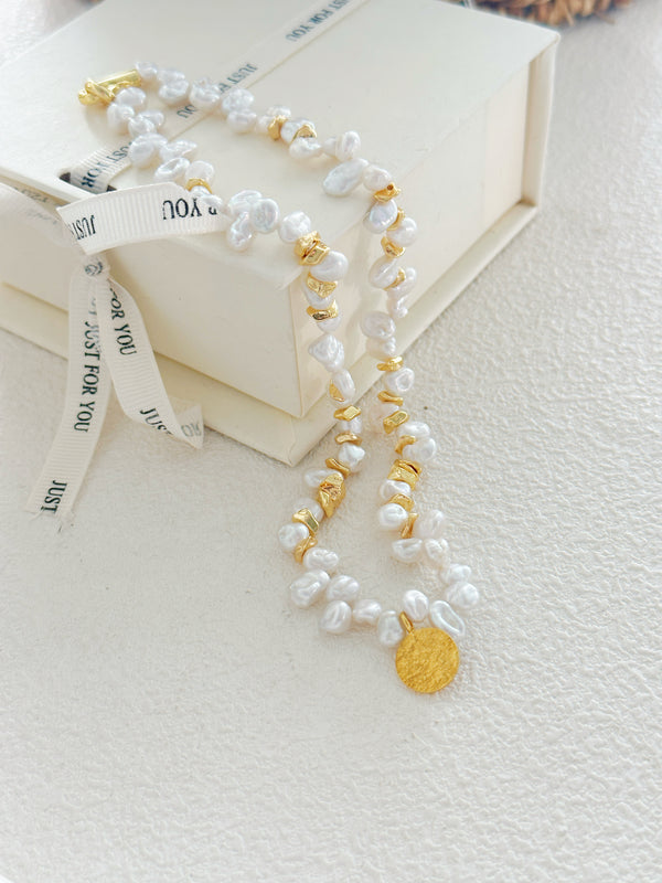 Gold Coin Pendant Keshi Pearls Necklace